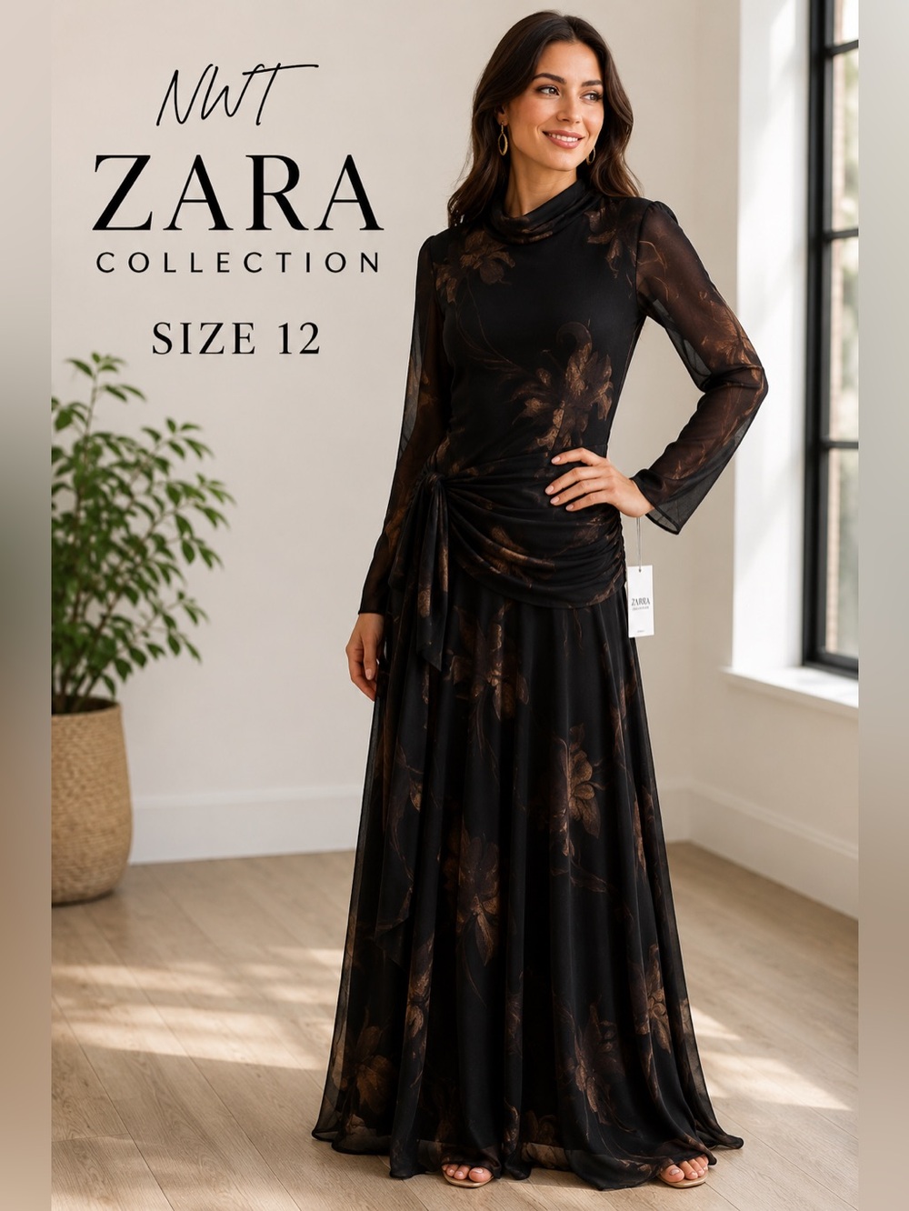 Zara Black Dress with Bronze Floral Metallic Detail